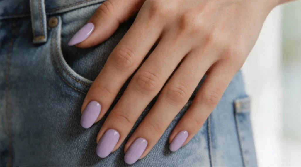 mano con unghie lilla poggiata sul fianco jeans.jpg