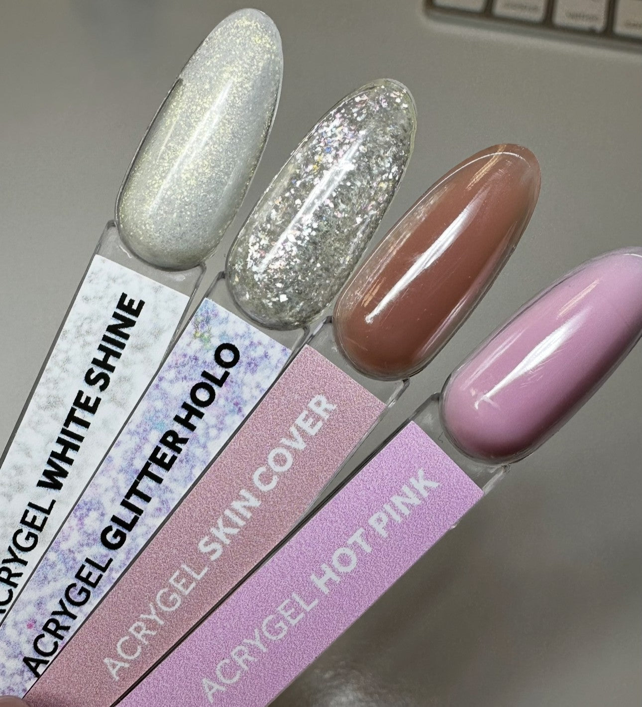 acrygel white shine, glitter holo, skin cover, hot pink